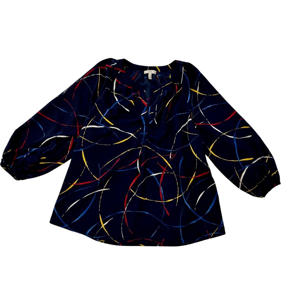 Joie Georgette Blouse Navy Blue Women’s Small Abstract Art Wear Artsy Statement - Picture 2 of 15